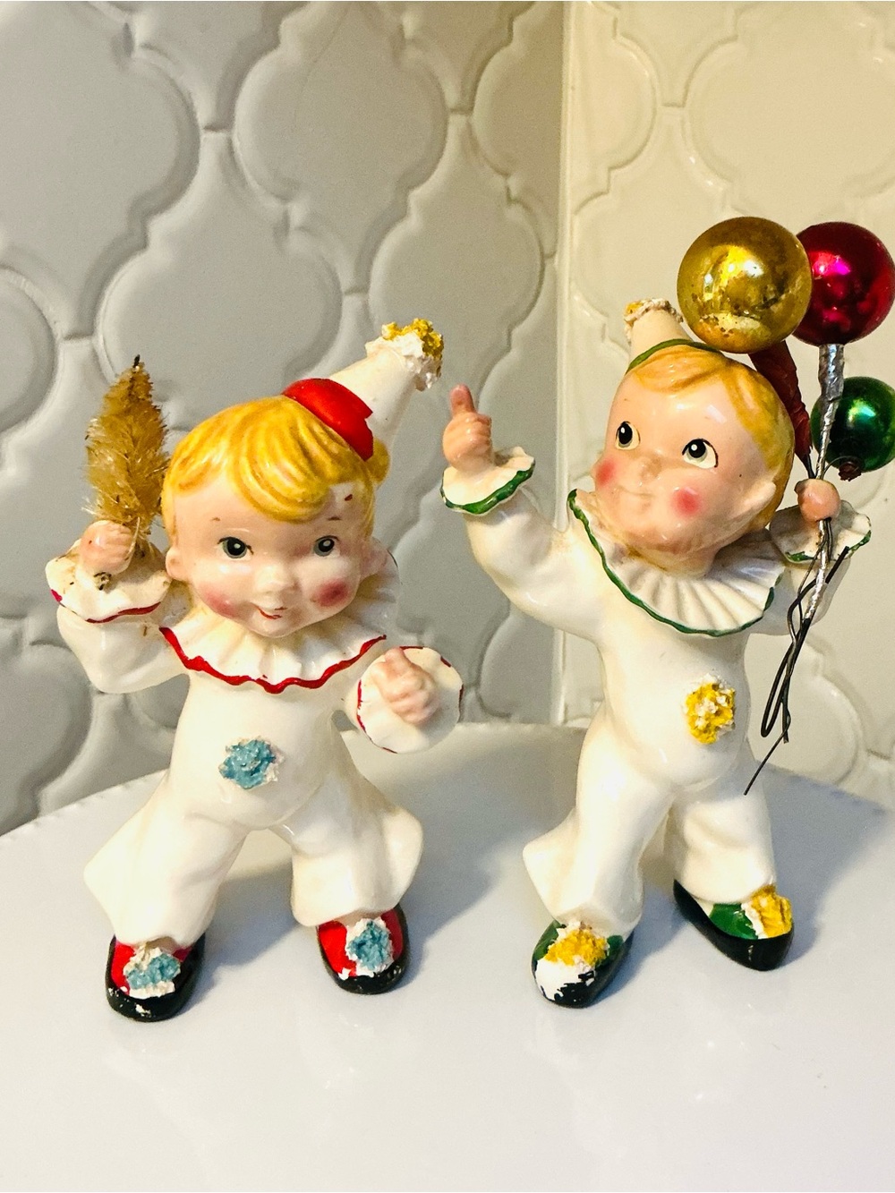 RARE: Vintage Pair of 1950’s Kreiss White Clown Figurines with Original Details